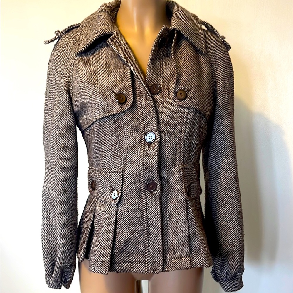 DOMIN  T3  Buttoned, brown/cream color Tweed Peplum JACKET